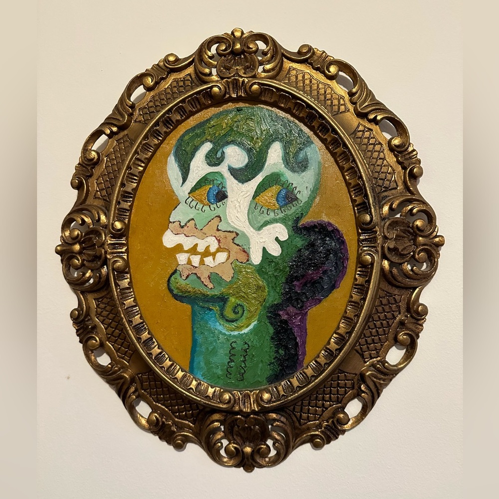 Ornate Framed Abstract Portrait Painting in Green & Gold